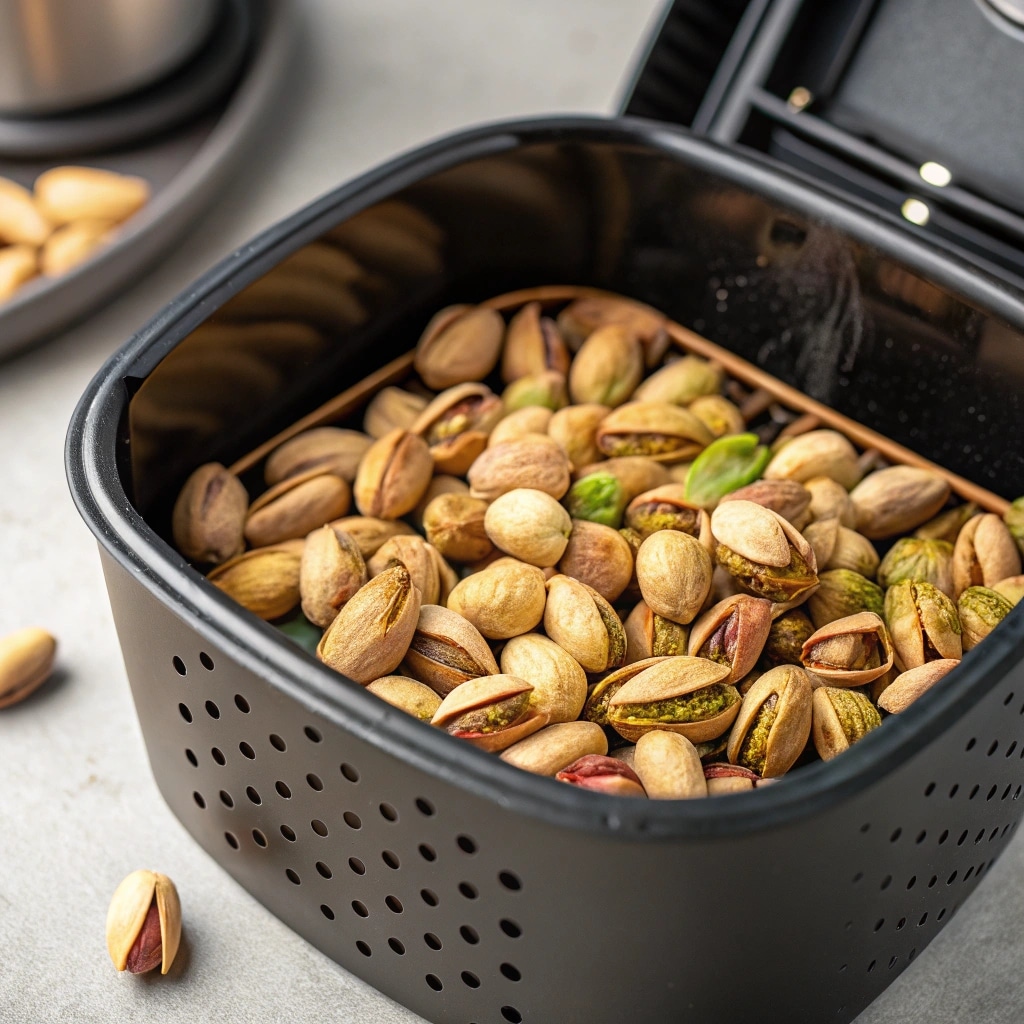 Homemade Pistachio Butter – How to Make a Creamy Nutty Spread at Home 5 air fryer basket with roasted pistachios lightly