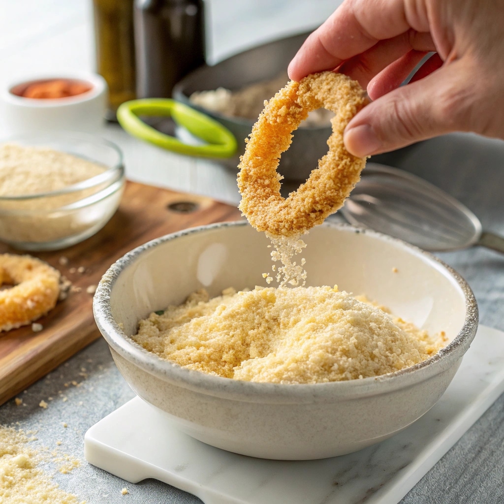 Onion ring dipped in parmesan breadcrumb mixture
