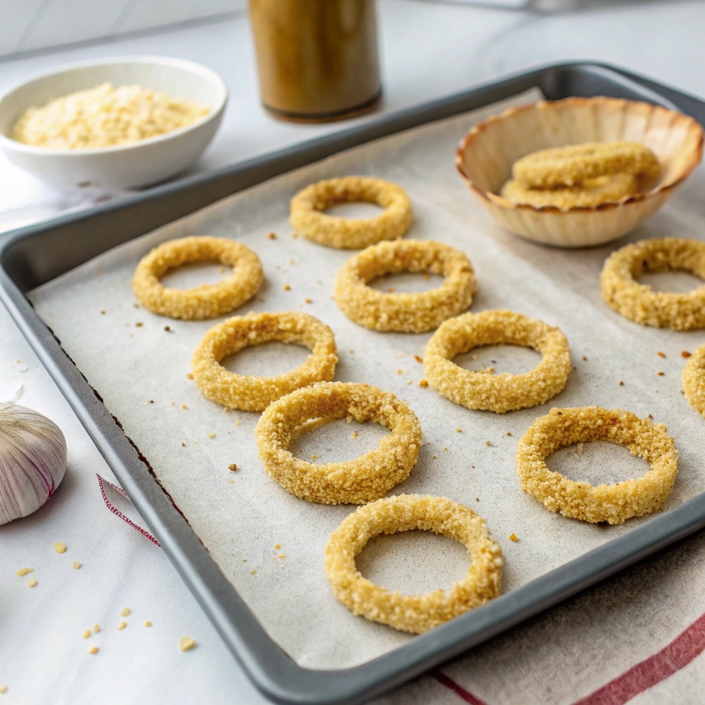 Coating onion rings for keto version, ready to bake, fresh baked keto parmesan rings