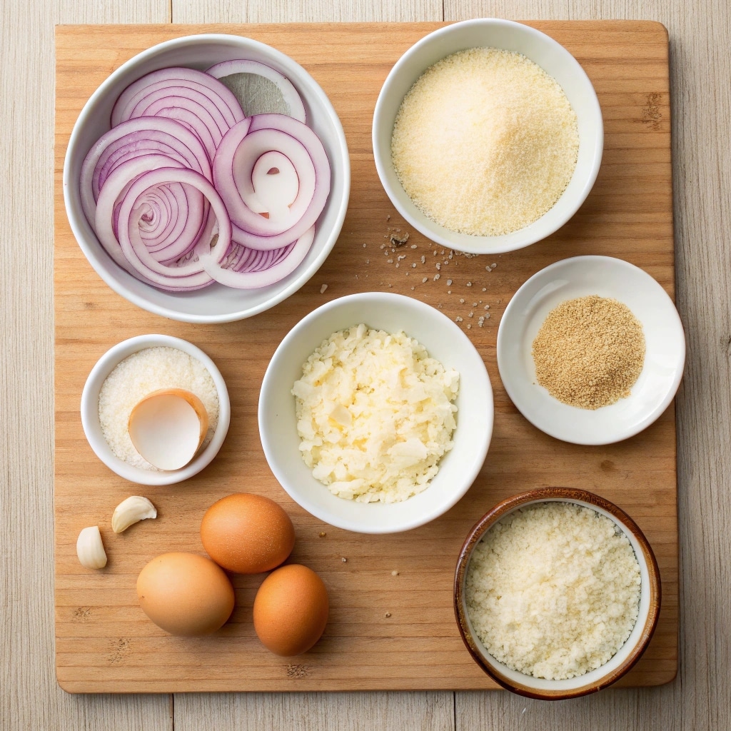 Ingredients for parmesan crusted onion rings laid out