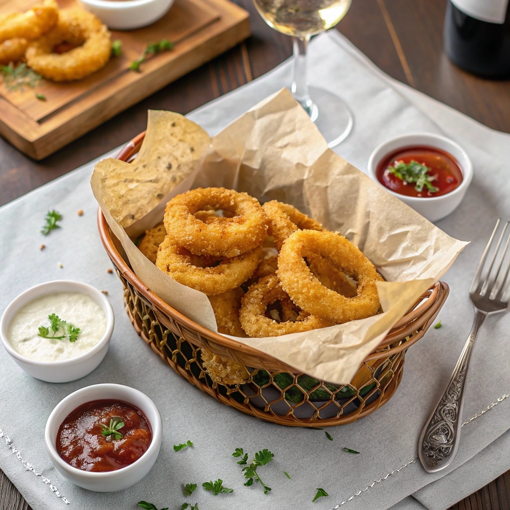 parmesan crusted onion rings served with dipping sauces